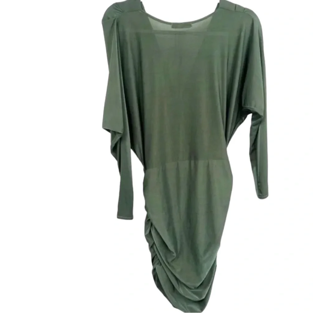 SOLD! Olive Green Surplice Batwing Midi Ruched Long Sleeve Dress Size Medium/8 - Picture 3 of 10